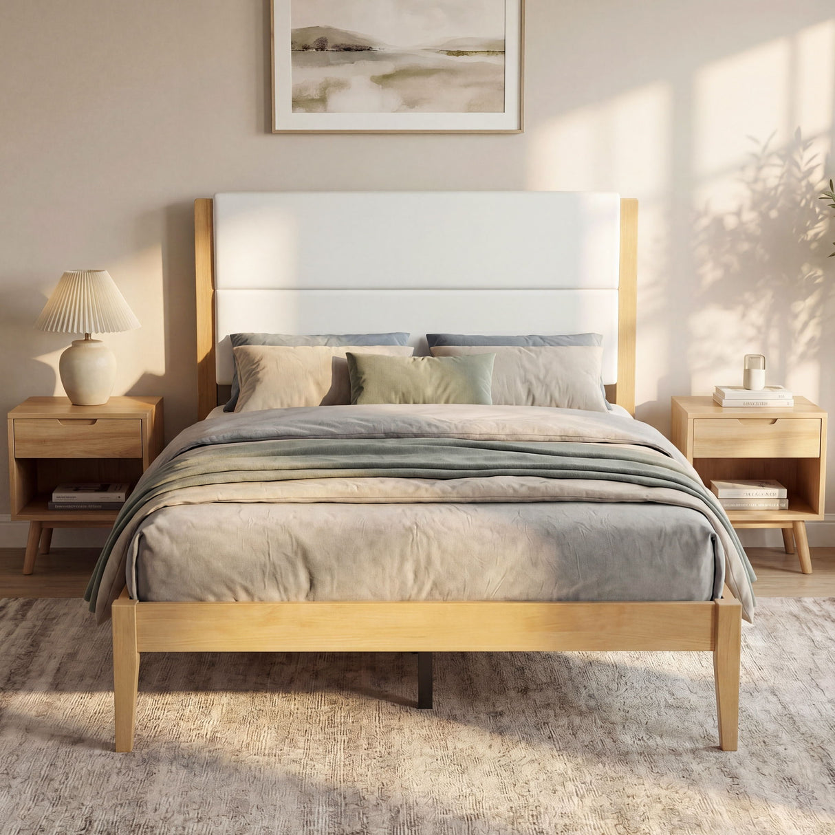 Platform Bed Frame With Upholstered Headboard, Slat Support