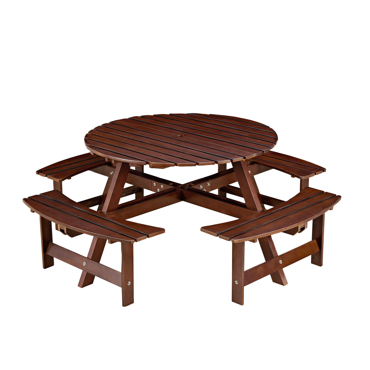 8 Person Round Picnic Table With 4 Built In Benches, Umbrella Hole For Garden - Brown