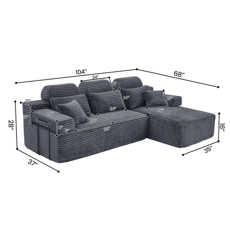 Sectional Sleeper Sofa & Storage Pockets, Modular Couch With Throw Pillows For Living Room