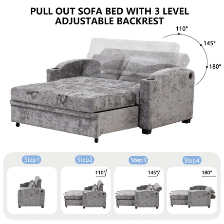 Pull Out Loveseat Sofa With Adjsutable Backrest, 2 Pillows, Cup Holders, USB Ports For Living Room