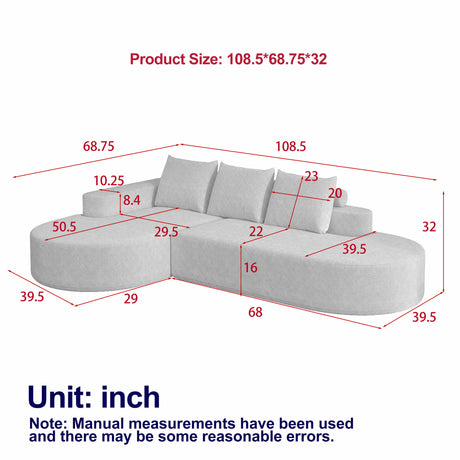 Modern Curved Sofa, L-Shaped Modular Sectional Set With 3 Pillows