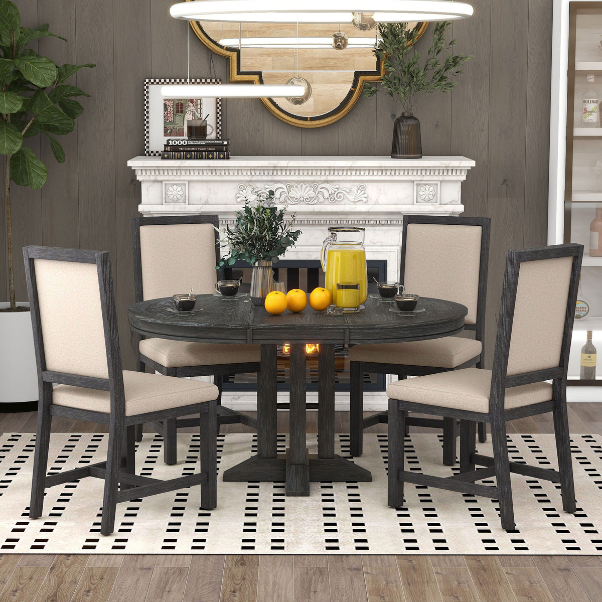 Dining Set & Extendable Round Table And 4 Upholstered Chairs