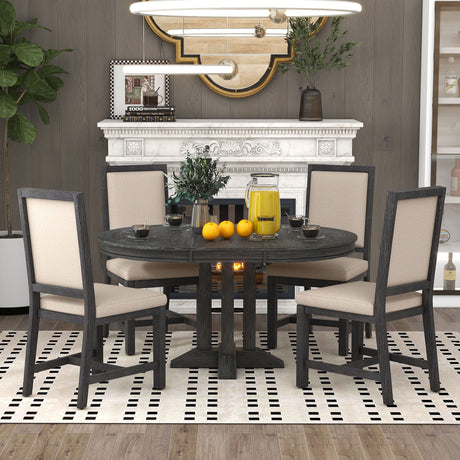 Dining Set & Extendable Round Table And 4 Upholstered Chairs