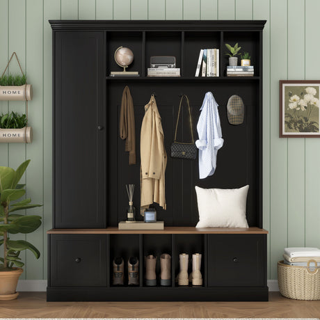 Hall Tree With Shoe Storage Bench, Entryway Coat Rack With 5 Hooks