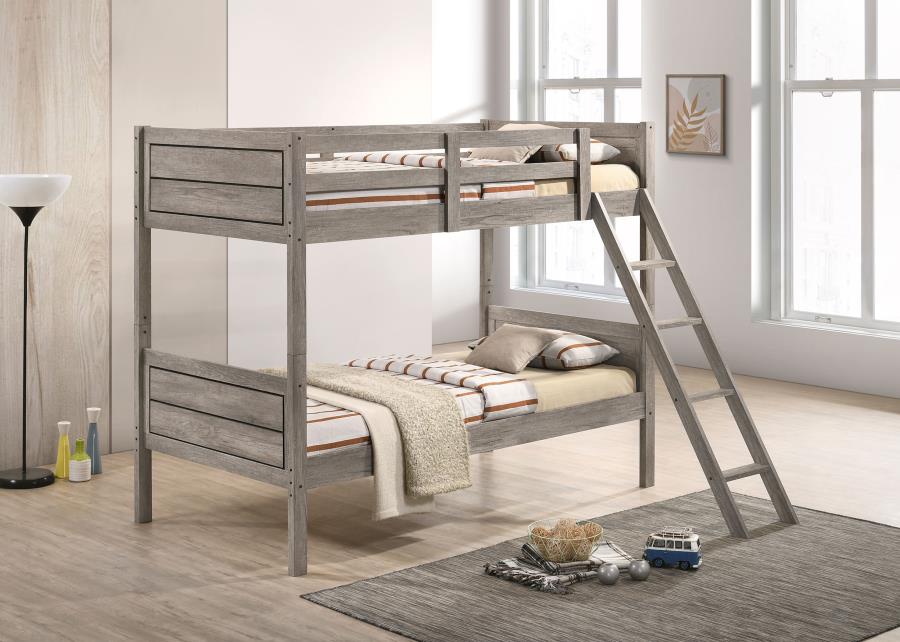 Ryder Wood Twin Over Twin Bunk Bed with Mattress Weathered Taupe - 400818-SM