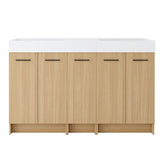 Double Sink Bathroom Vanity With Extra Large Storage, Integrated Sink, Freestanding Cabinet, Soft Close Doors - Glossy White / Light Oak