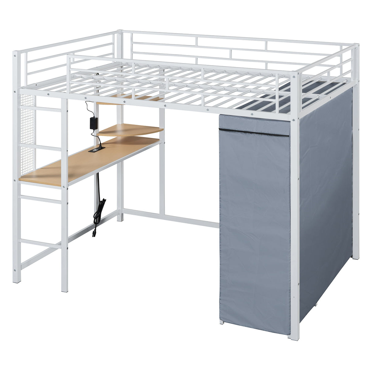 Loft Bed With Desk, Shelves, Power Outlet, LED Light And Wardrobe