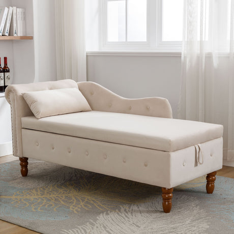 Chaise Lounge Indoor, Lounge Chair For Bedroom With Storage & Pillow, Modern Upholstered Rolled Arm Chase Lounge For Sleeping With Nailhead Trim For Living Room Bedroom Office