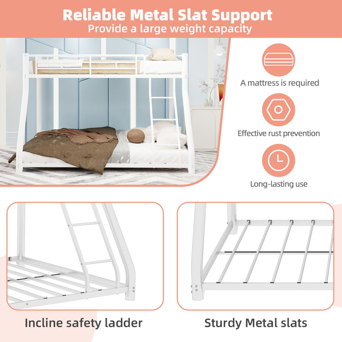 Bunk Bed Frame With Ladder And Guardrail, Heavy Duty Noise Free Design Metal Construction