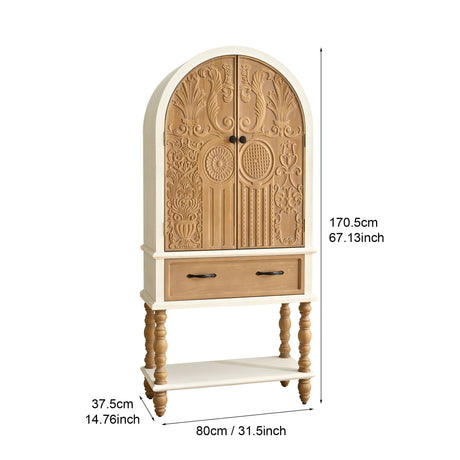 Arched Flower Carved Door Accent Sideboard Cabinet With 1 Drawer And Shelf, Cabinet For Kitchen - Natural / White