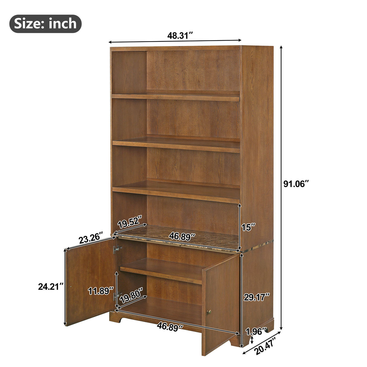 Tall Bookcase Storage Cabinet With 3 Open Shelves & Fluted Double Doors