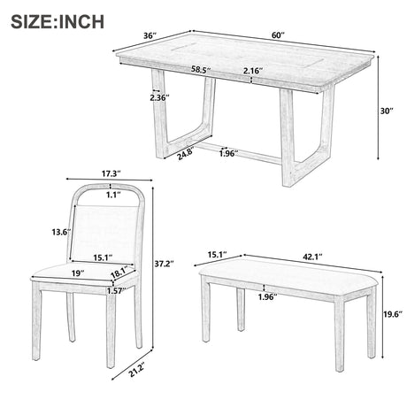 Farmhouse Dining Set With 4 Upholstered Chairs & 1 Bench
