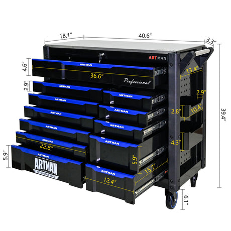 12 Layer Drawer Multi Purpose Tool Cart With Wheels And Iron Top - Black / Blue