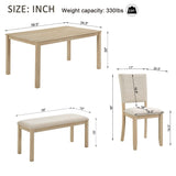 6 Piece Dining Table Set With Bench - Beige / Light Oak