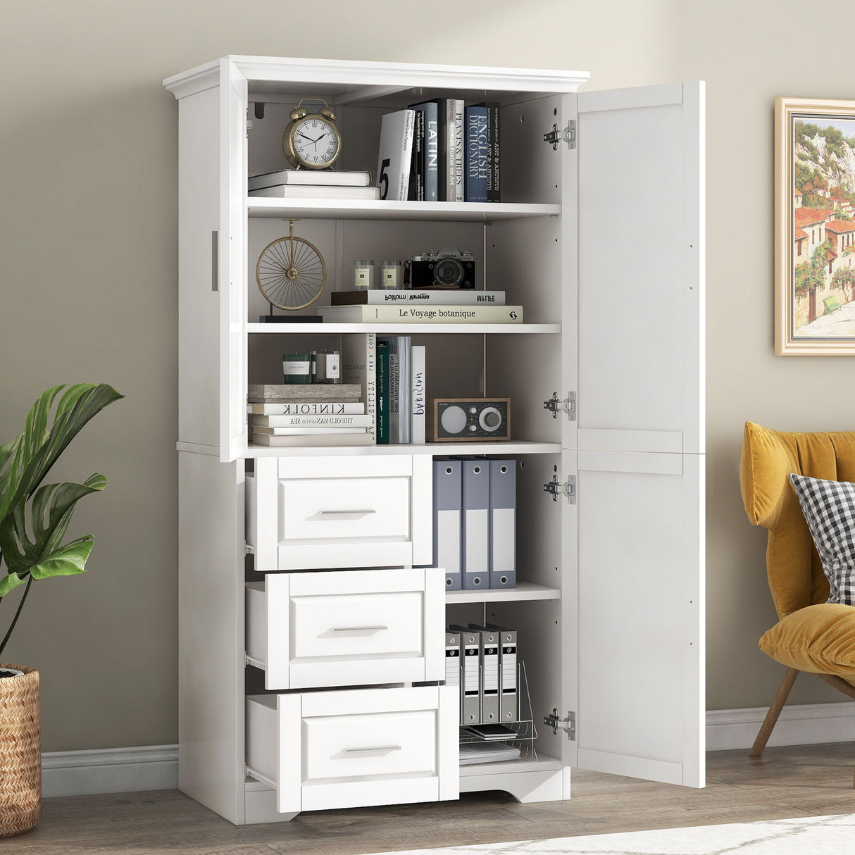 Tall Wide Storage Cabinet With Doors, 3 Drawers