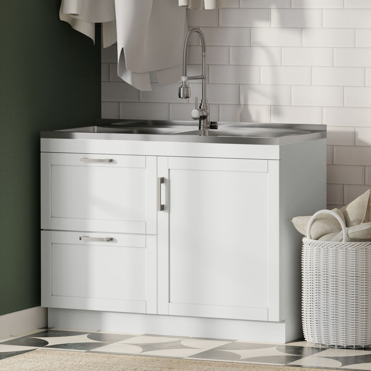 Hennessy - Laundry Utility Sink And Cabinet With Dual Sink And Pull Out Faucet - White