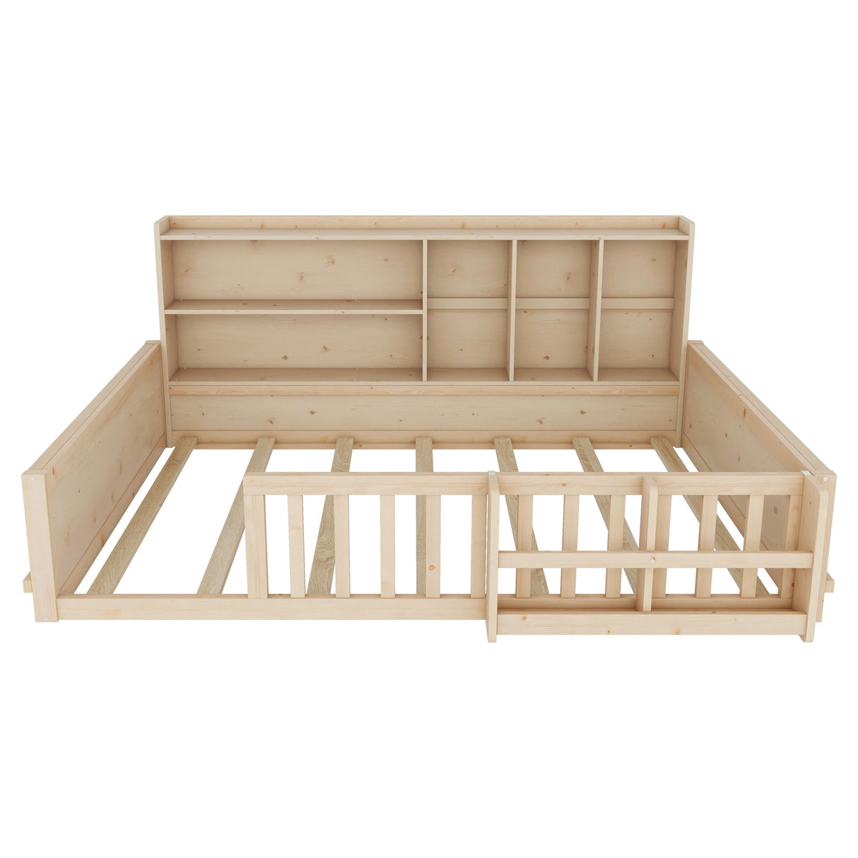 Platform Bed Frame With Guardrail, Storage Shelves & Bookshelf