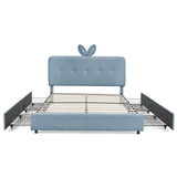 Upholstered Bed With Oversized Rabbit Ear Headboard, LED Lights & 4 Storage Drawers