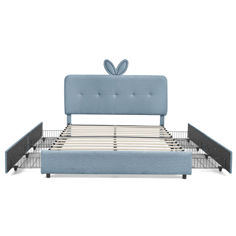 Upholstered Bed With Oversized Rabbit Ear Headboard, LED Lights & 4 Storage Drawers