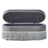 Oval Upholstered Storage Ottoman With Fringe Trim & Lift Top Lid