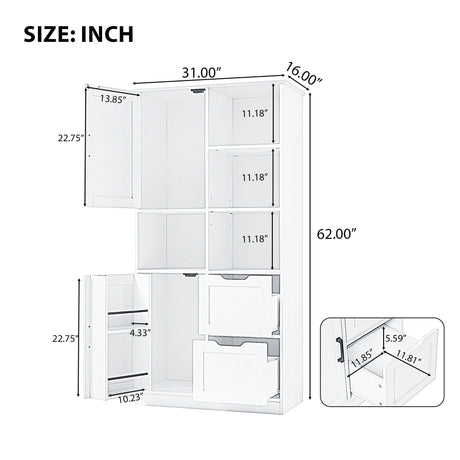 Freestanding Bathroom Storage Cabinet With Doors And Drawers, Adjustable Shelf, Open Shelves - White