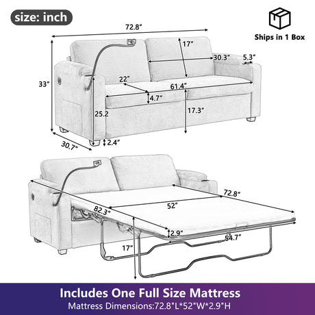 Sleeper Sofa Loveseat Sofa With Full Size Mattress, 2 USB Ports, 2 Cup Holders, 2 Side Pockets And Phone Holder