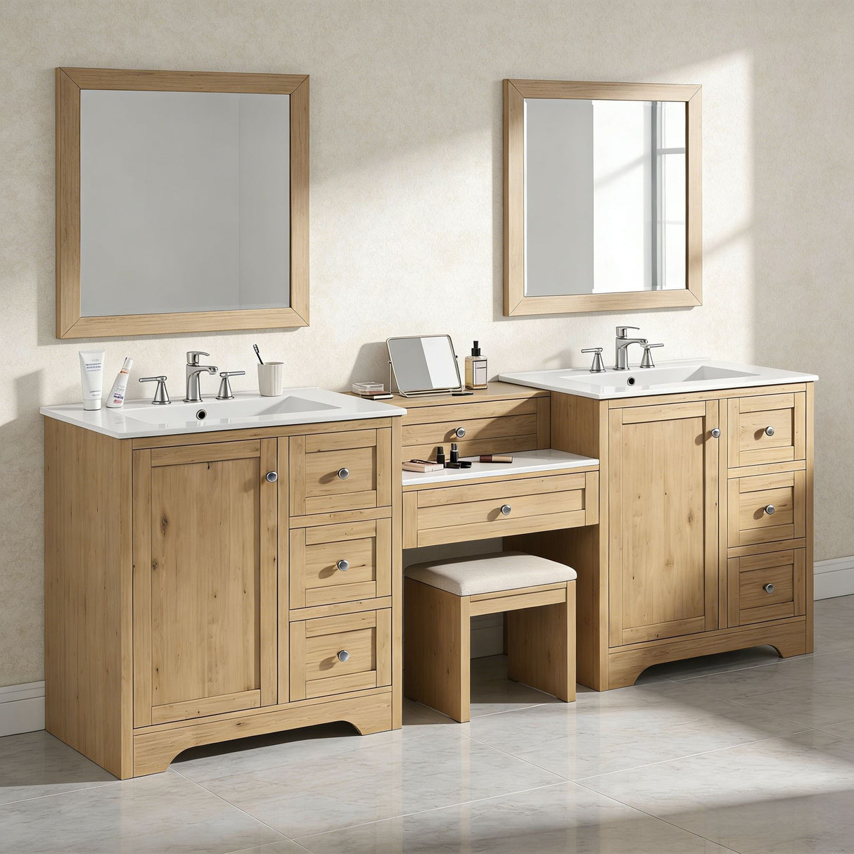 Double Sink Bathroom Vanity With Countertop, 2 Ceramic Sinks, 6 Drawers, Soft Close Design