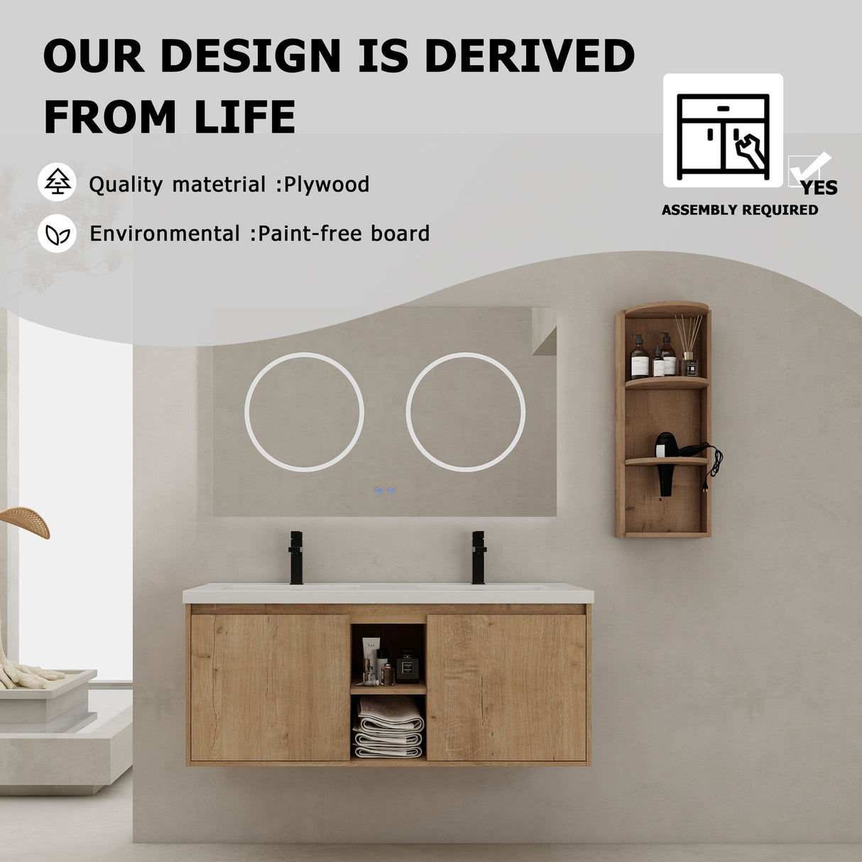 48" Wall Mounted Bathroom Vanity With Double Resin Sink And Storage Rack Soft Close Doors - Imitative Oak