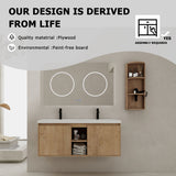48" Wall Mounted Bathroom Vanity With Double Resin Sink And Storage Rack Soft Close Doors - Imitative Oak