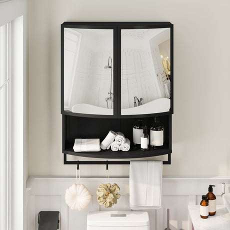 Arched Glass Double Door Wardrobe With Shatterproof Mirror, Open Shelf & Towel Rack