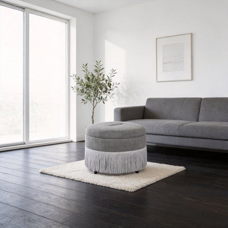 Round Storage Ottoman With Tassel, Decorative Accent Pouf For Living Room