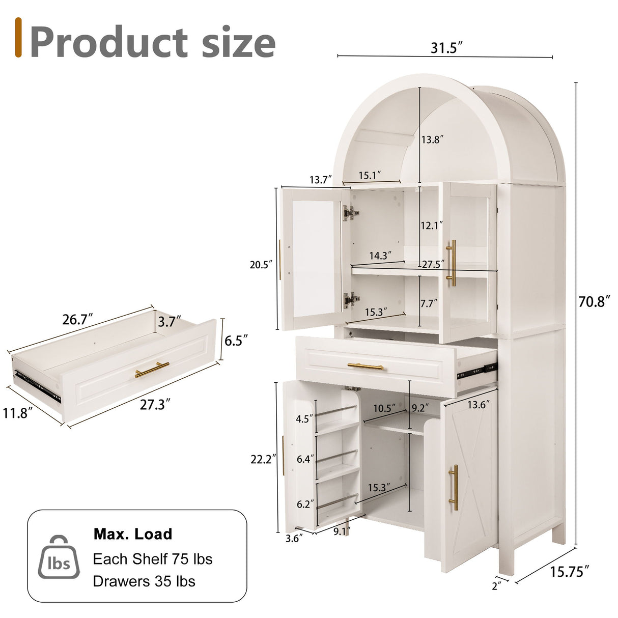 Arched Kitchen Pantry Cabinet With Adjustable Shelves & Barn Door Design