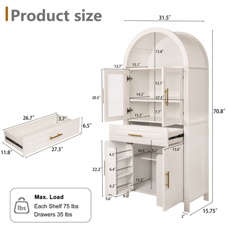 Arched Kitchen Pantry Cabinet With Adjustable Shelves & Barn Door Design