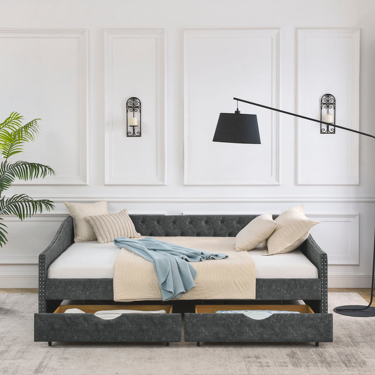 Upholstered Tufted Daybed With 2 Drawers, Waved Arms