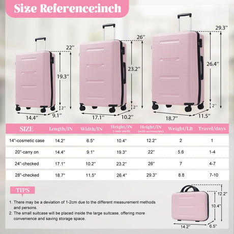 6 Piece Lightweight Hardshell Luggage Set With Double Spinner Wheels, Password Lock