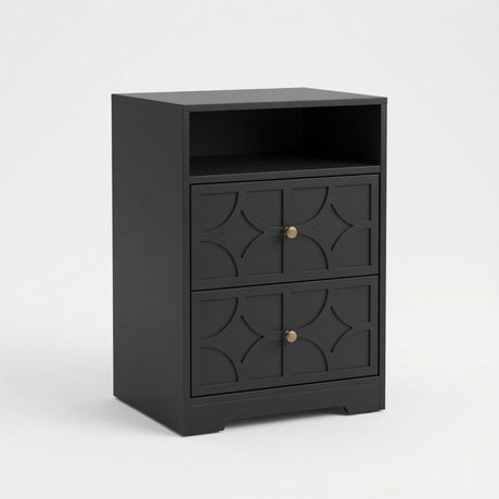 Nightstand With Diamond Carvings Handles, 2 Drawers & Charging Station
