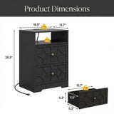 Nightstand With Diamond Carvings Handles, 2 Drawers & Charging Station