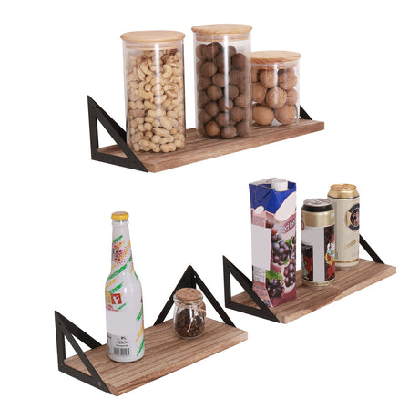 Floating Shelves, Long Wall Shelves (Set of 3), Wall Mounted Shelves With Brackets For Bedroom - Natural Wood