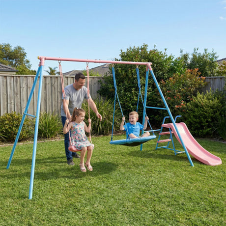 Xns107 - 2 Swing Set With Slide For Outdoor - Blue / Pink