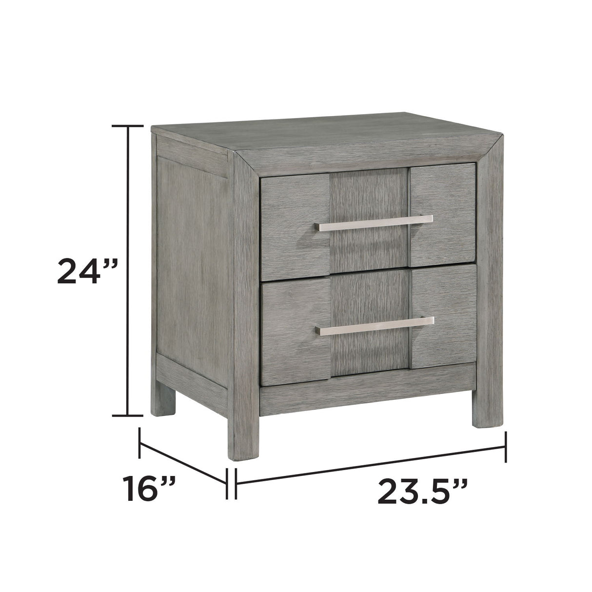 Modern 2 Drawer Nightstand In Gray Finish With Silver Metal Handles, Contemporary Bedside Table With Smooth Glide Drawers