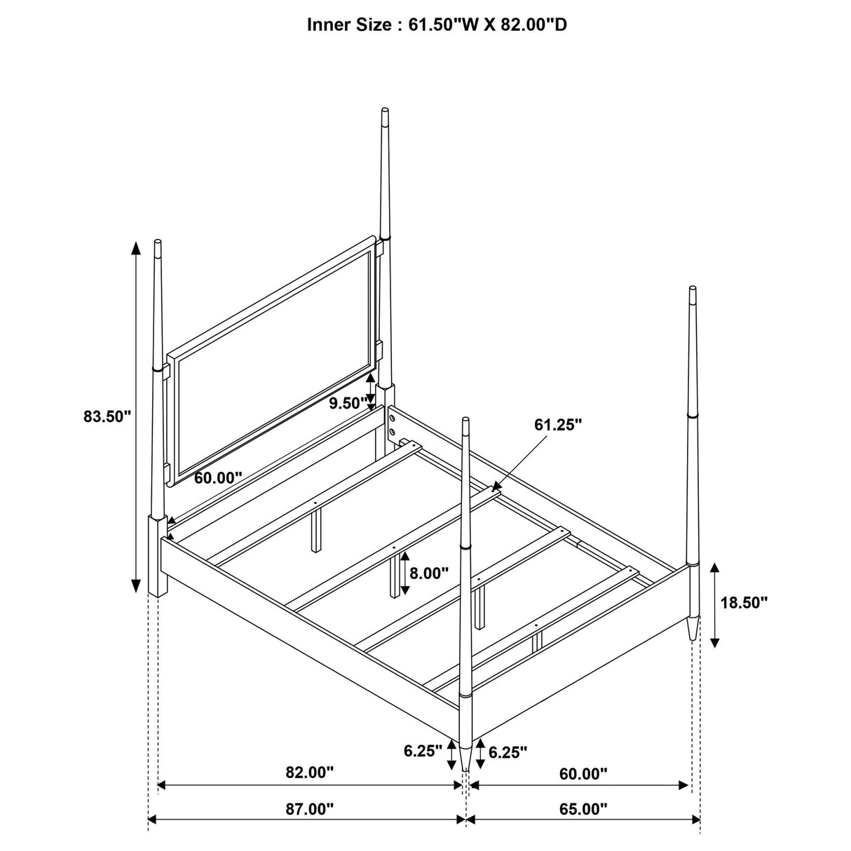 Niguel - Queen Size 4 Poster Bed With Finials, Floating Headboard - Brown