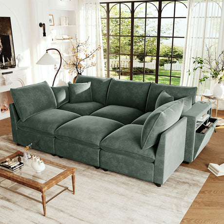 Modern Sectional Sofa U-Shaped With Movable Ottoman Storage Armrests And USB Ports