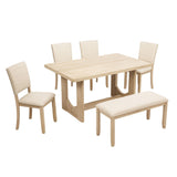 6 Piece Rectangular Kitchen Table Set With Bench And 4 Upholstered Chairs For Kitchen - Light Oak