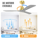 Indoor Ceiling Fan Without Light 3 Solid Wood Blades Remote Control Reversible Dc Motor - Gold