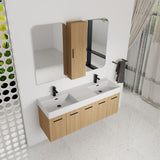 Floating Double Sink Bathroom Vanity Set With Tall Linen Cabinet, Extra Large Storage, Integrated Sink, Soft Close Doors - Glossy White / Light Oak