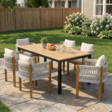 7 Piece Outdoor Dining Set With Table And Chairs - Beige / Teak / White