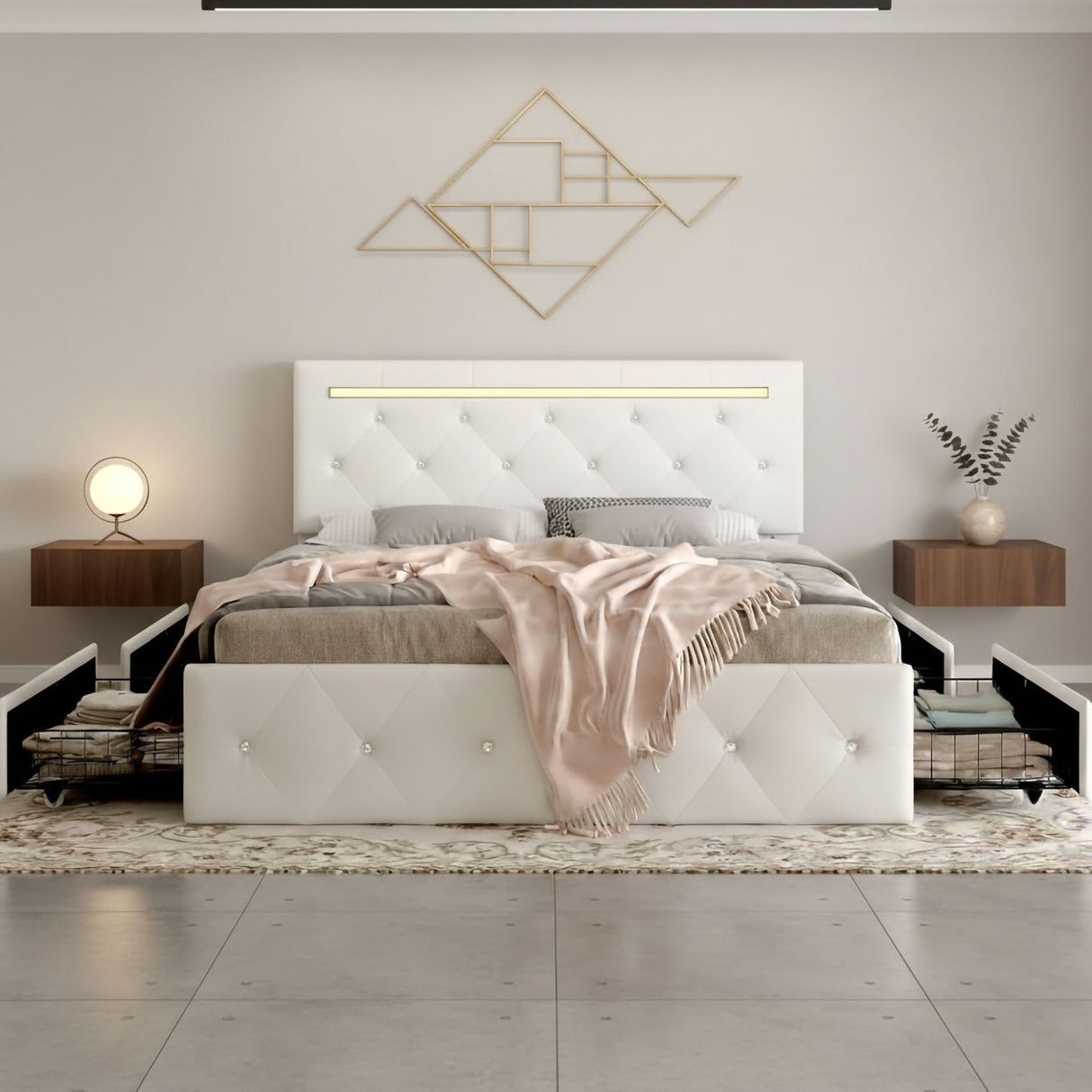Upholstered Bed Frame With LED Lights, 4 Storage Drawers, Charging Station