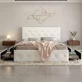 Upholstered Bed Frame With LED Lights, 4 Storage Drawers, Charging Station