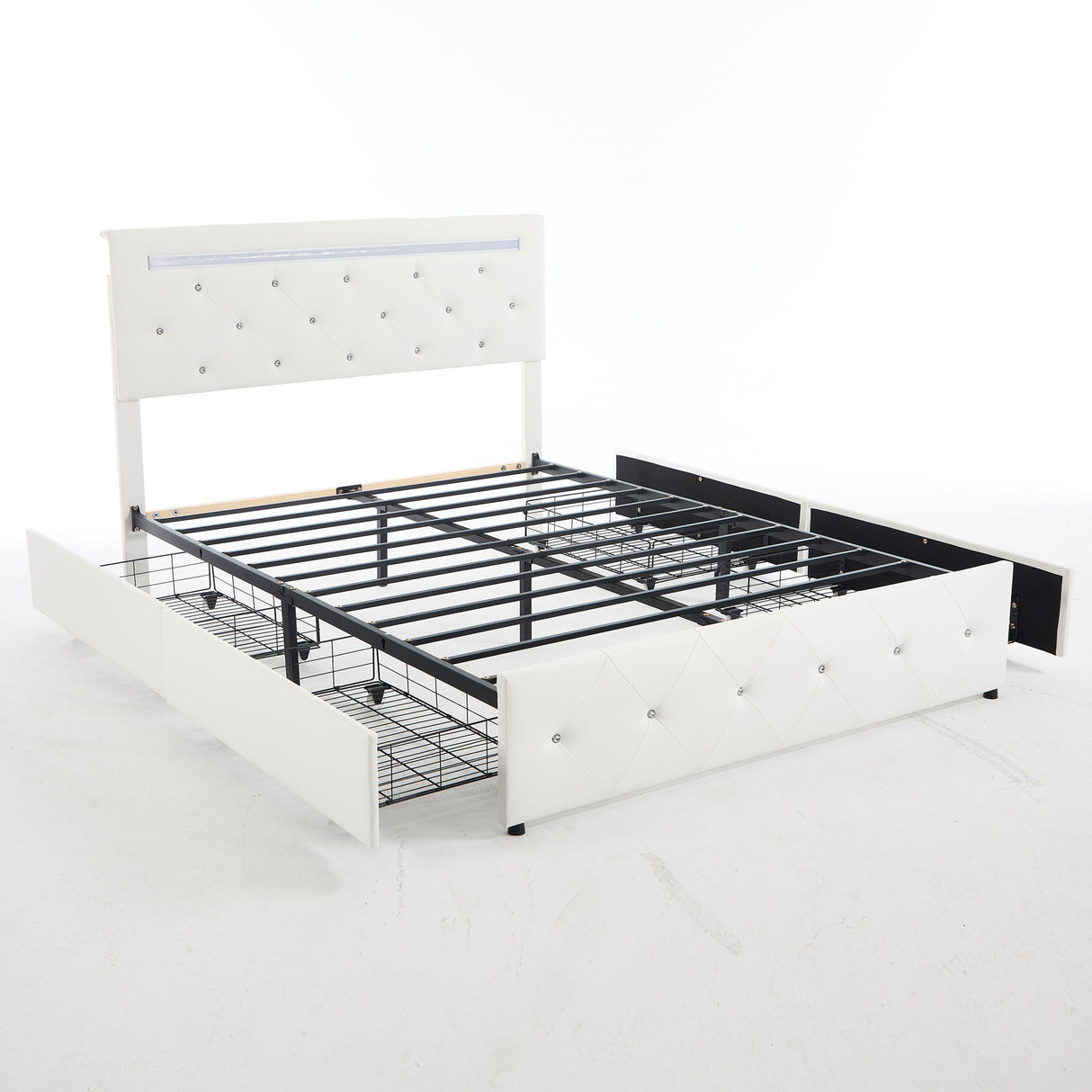 Upholstered Bed Frame With LED Lights, 4 Storage Drawers, Charging Station