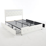 Upholstered Bed Frame With LED Lights, 4 Storage Drawers, Charging Station